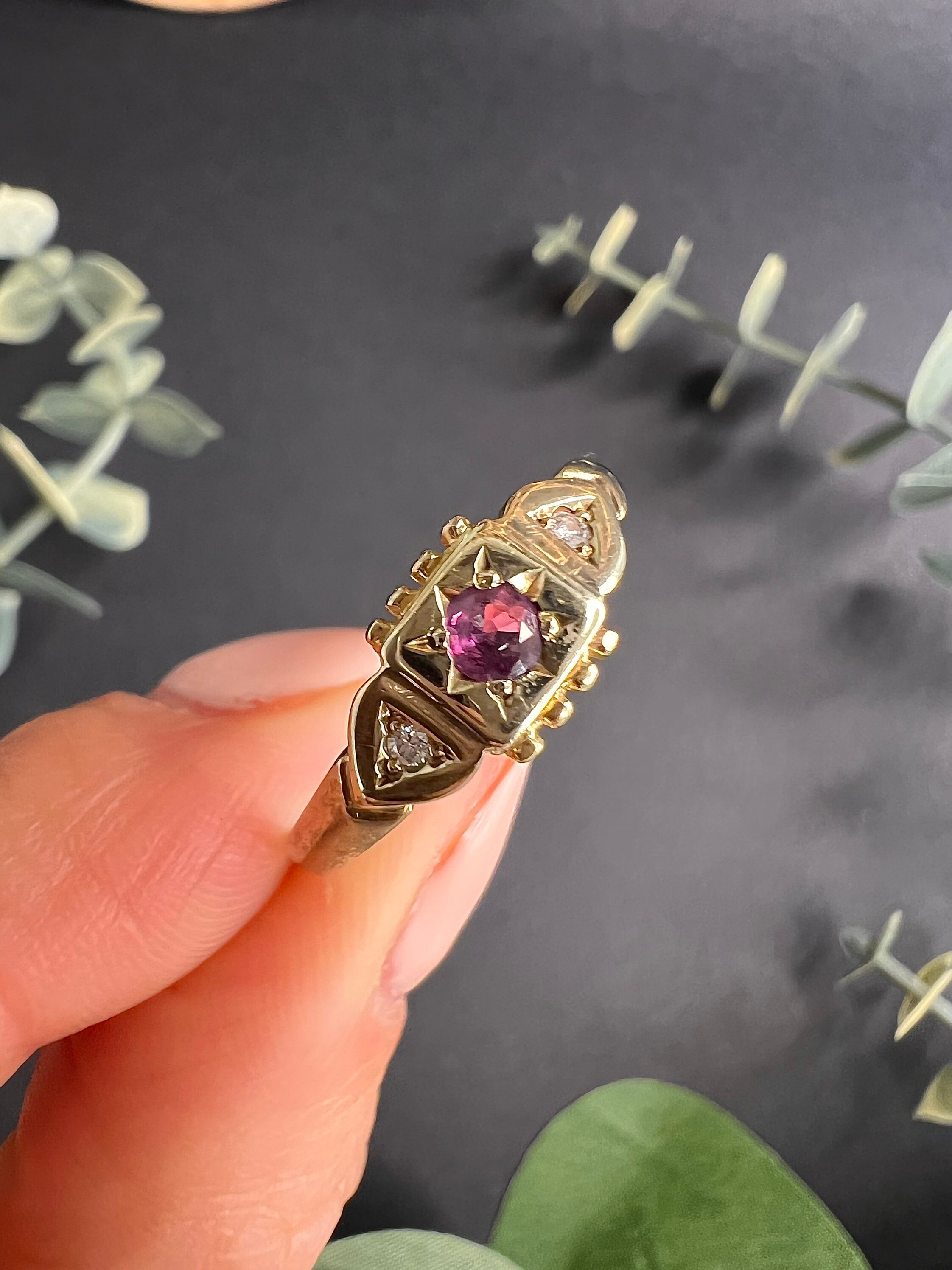 Jewellery for Her Jewellery Gift 9 Carat Gold Hallmarked Ring Multi Stone Ring Jewellery Rings Multi-Stone Rings Vintage Ruby and Diamond Gypsy Ring Round Cut Ruby 