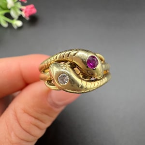 Vintage 14ct Yellow Gold Stamped, 1930s Ruby & Diamond Double Headed Snake Ring, Serpent Jewellery