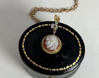 Antique 9ct Gold, Diamond Set Edwardian Cameo Pendant, Circa 1910
