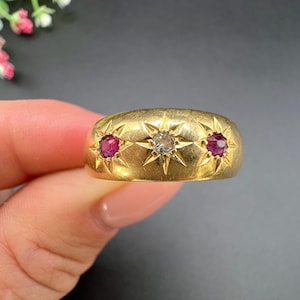 Antique Edwardian Ruby Diamond Ring: 18ct Gold Star Set, Chester 1904