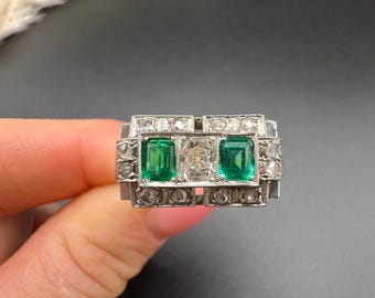 Vintage 1930s Platinum French Stamped, Emerald & Diamond Three Stone Ring