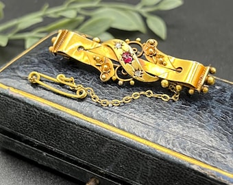 Antique 15ct Yellow Gold, Edwardian Diamond & Ruby Brooch, Hallmarked Birmingham