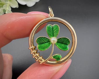 Antique 15ct Gold, Edwardian Green Enamel & Pearl, 3 Leaf Clover Shamrock Pendant