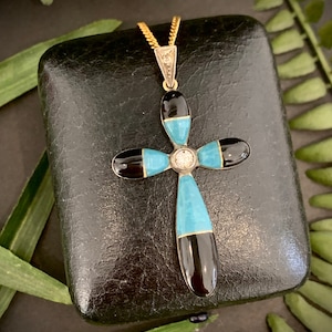 Antique Turquoise & Black Enamel 1920’s Cross Pendant with a Diamond Centre Stone and Diamond Bail