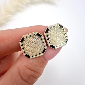Antique 9ct Gold Stamped, 1920s Art Deco Octagonal Shaped, Engine Turned, Enamel Cufflinks