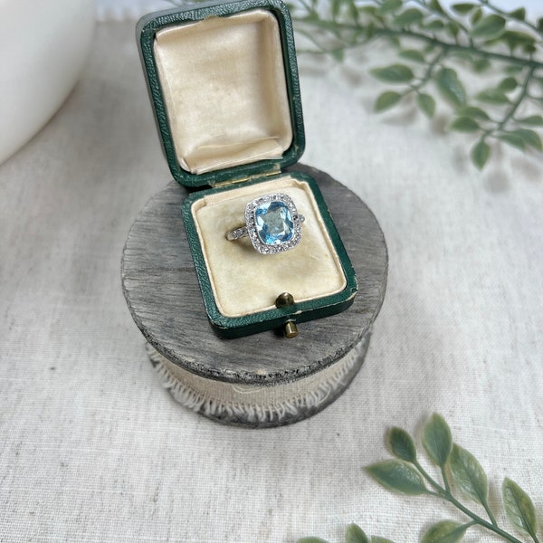 Vintage Platinum 1940s Aquamarine & Diamond Halo Cluster Ring