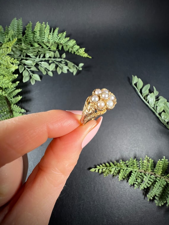 Antique 9ct Gold Victorian Seed Pearl Daisy Clust… - image 8
