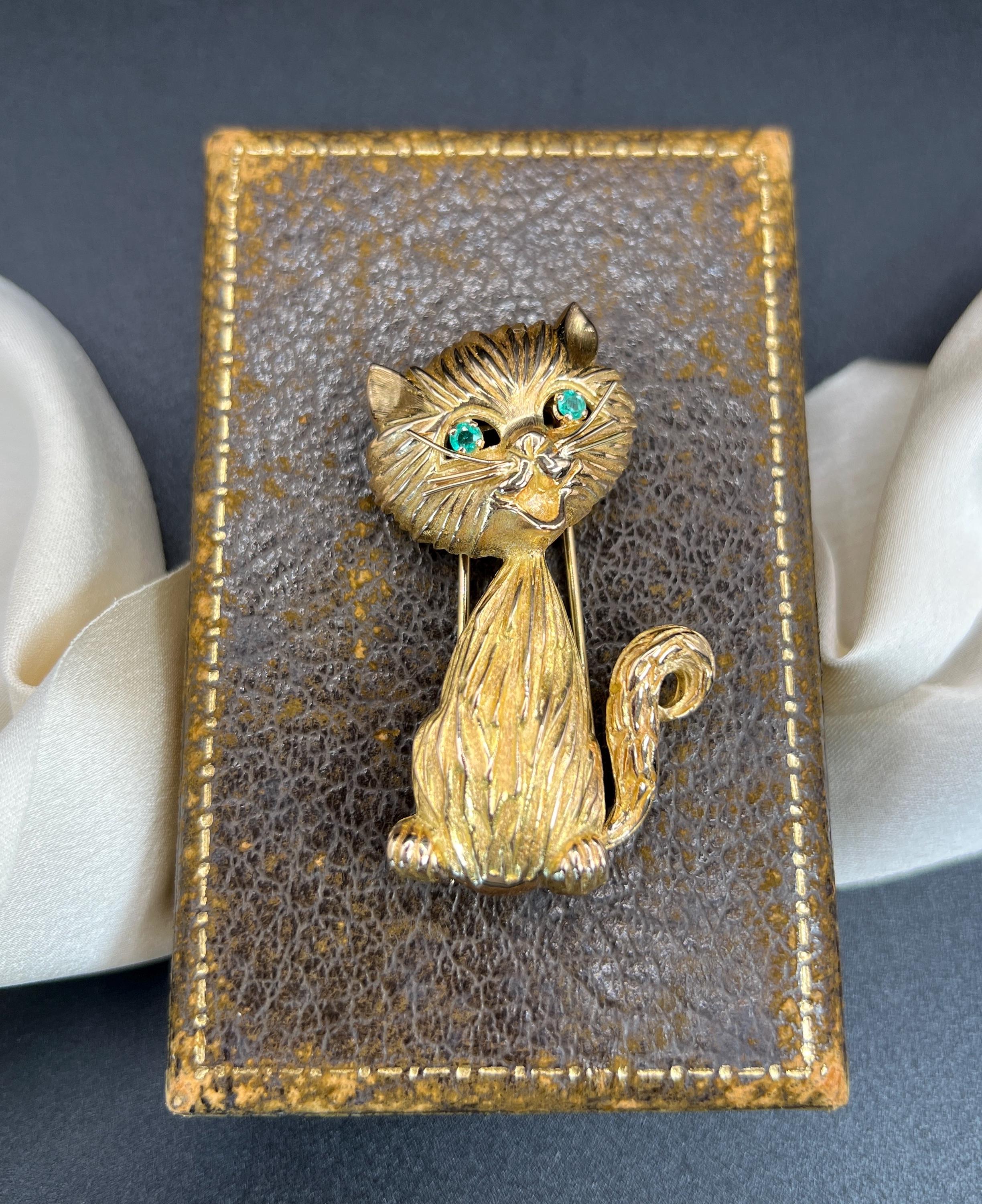 Vintage 18ct Yellow Gold Stamped, 1960s Large Cat Brooch With