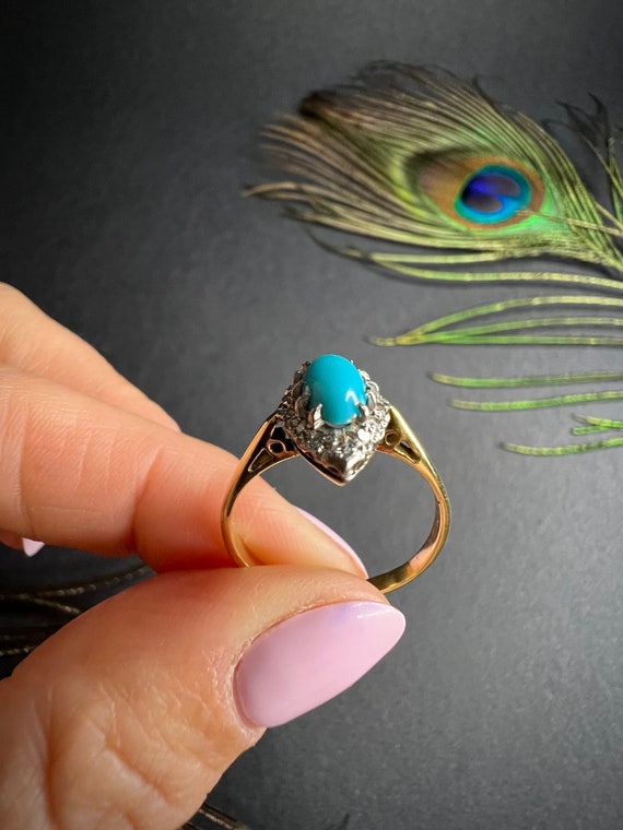 Antique 18ct Gold Edwardian Turquoise & Diamond M… - image 4