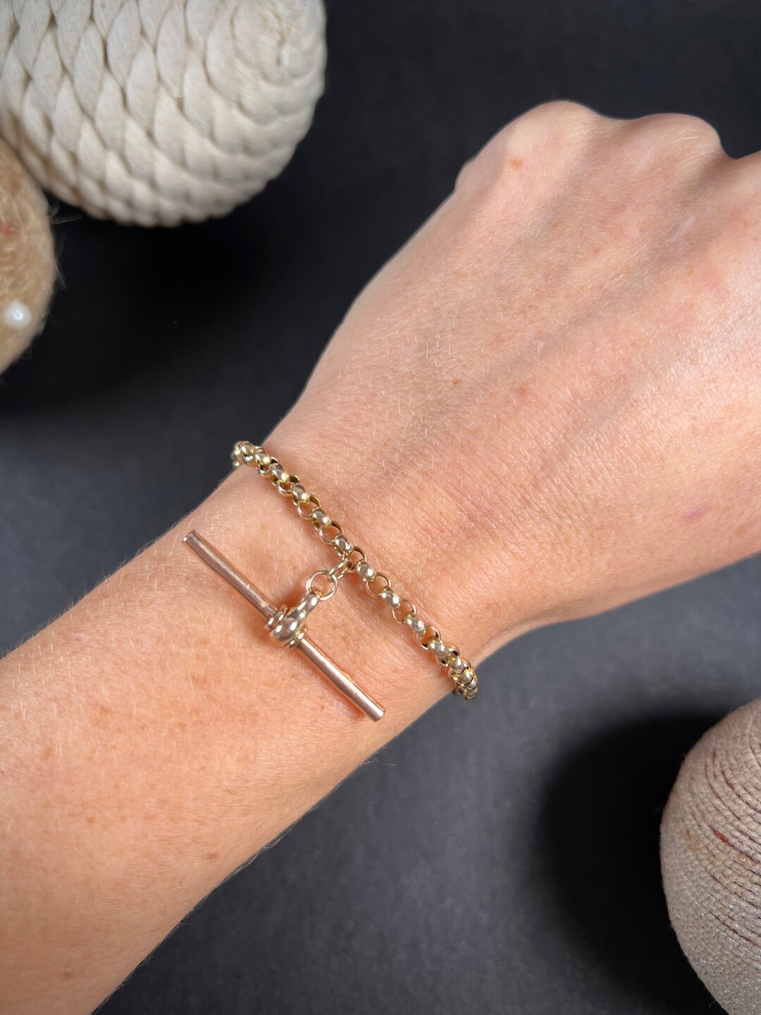 Antique 9ct Rose Gold Stamped, Edwardian Round Faceted Belcher Link, Albert Bracelet With Tbar