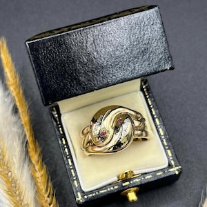 Vintage 9ct Gold, Hallmarked, London 1977, Double Headed Diamond Ruby Snake Ring
