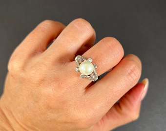 Antique 18ct White Gold, Edwardian Cultured Pearl & Old Cut Diamond Ring