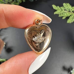 Antique 14ct Gold Stamped, 1920s Swallow Engraved Heart Shaped Pendant Set with Paste Stones