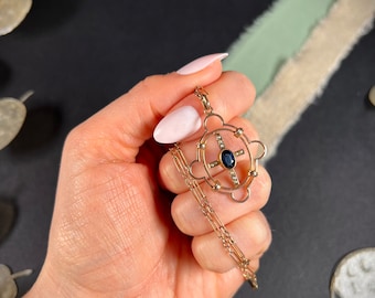 Antique 9ct Rose Gold Edwardian Sapphire & Pearl Cross Shaped Pendant