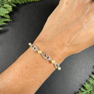 Antique 18ct Yellow Gold & Platinum French Stamped, Edwardian Diamond Pearl Oval Bar Link Bracelet, Bridal Jewellery, Wedding Bracelet