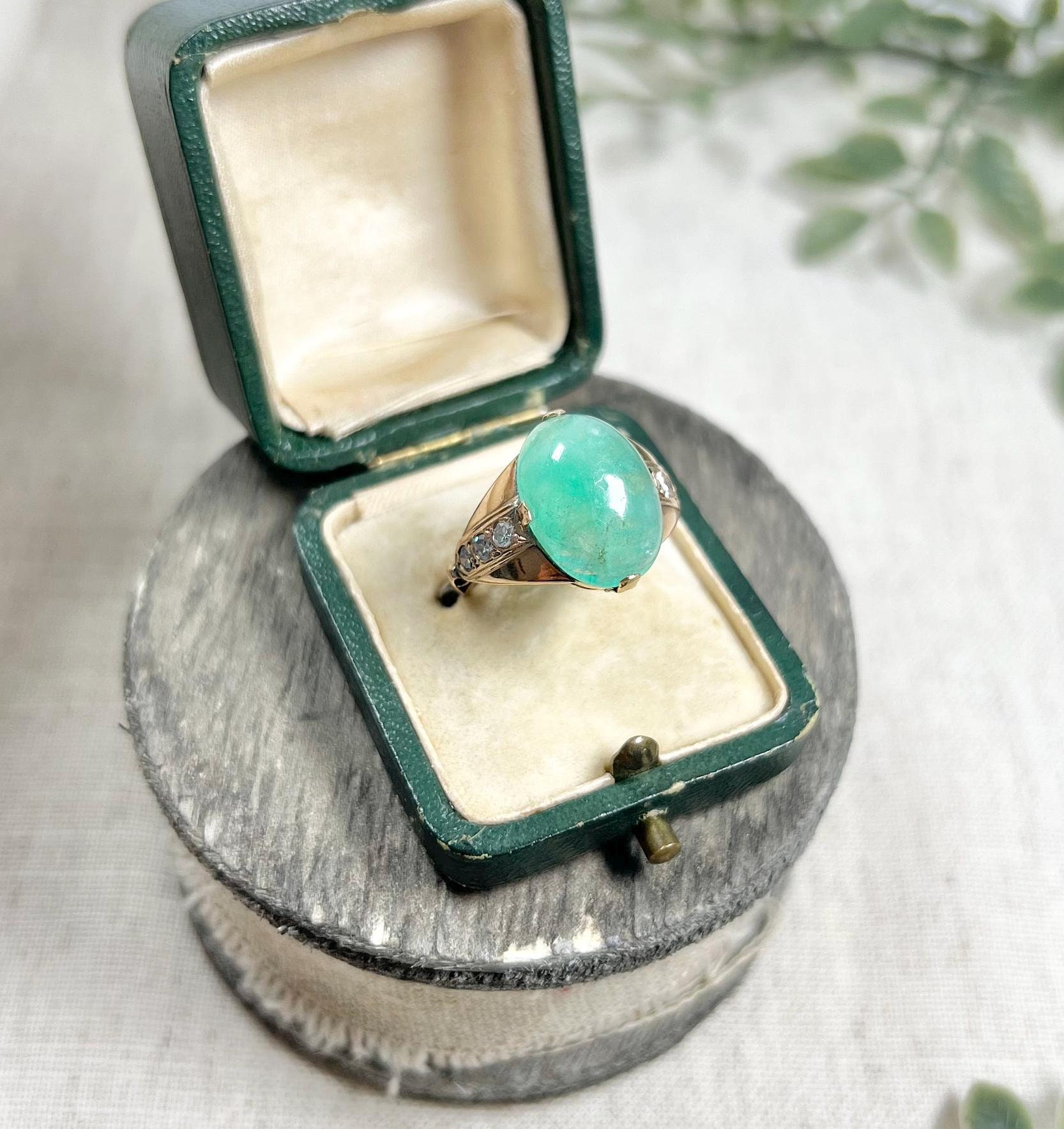 Vintage 14ct Rose Gold, 1960s Cabochon Emerald & Diamond Ring - Etsy