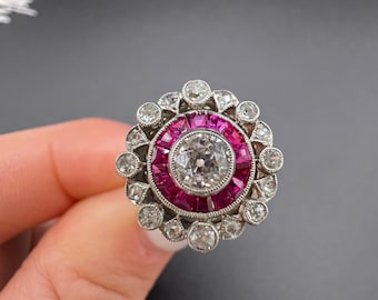 Antique 18ct Gold & Platinum, Art Deco Ruby and Diamond Fancy Target Ring