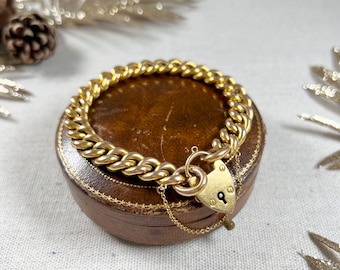 Antique 15ct Yellow Gold Stamped, Victorian Curb Link Bracelet with Heart Padlock Clasp