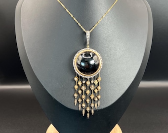 Antique 18ct Gold, Early Victorian Large Cabochon Garnet & Diamond Tassel Pendant