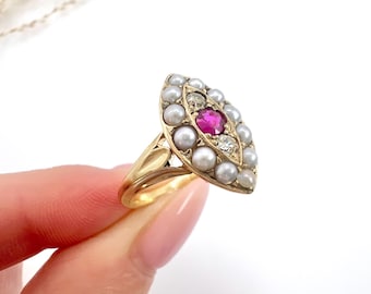 Antique 18ct Yellow Gold, Edwardian Ruby, Diamond & Pearl Marquise Ring
