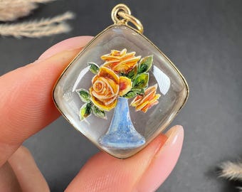 Pendentif vase de fleurs ancien en or jaune 14 carats, verre en cristal d'Essex années 1920