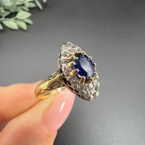 Vintage 18ct Yellow Gold, 1940s Natural Sapphire & Diamond Marquise Ring, Navette Shaped Ring