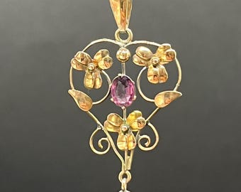 Antique 9ct Gold, Edwardian Amethyst Drop Pendant Circa 1910