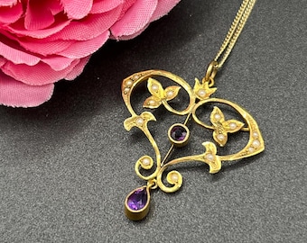 Antique 9ct Gold Edwardian Amethyst & Pearl Pendant, Circa 1910