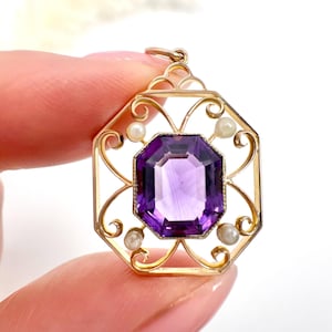 Antique 15ct Rose Gold, Edwardian Octagonal Amethyst & Seed Pearl Pendant