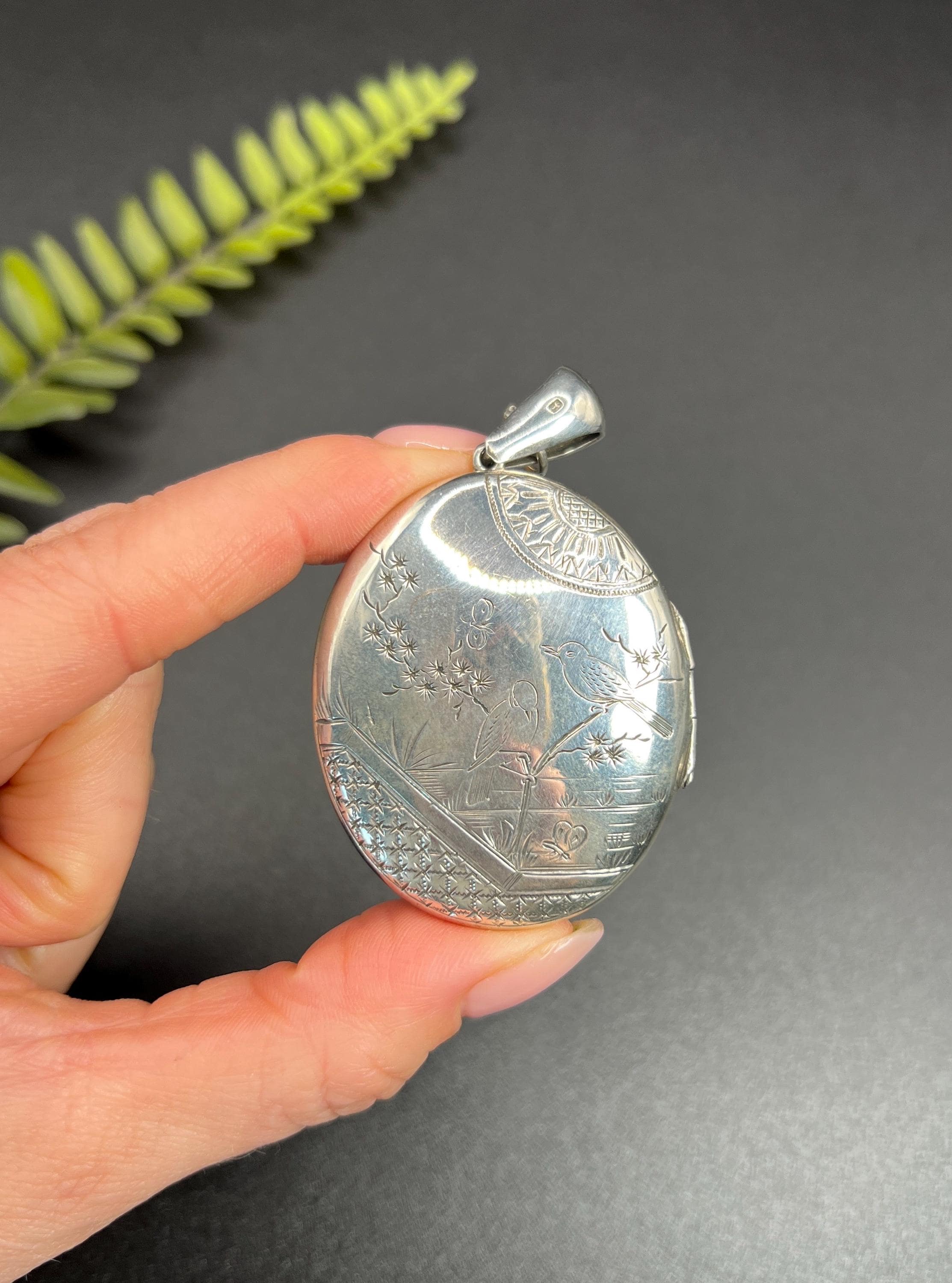 Antique Sterling Silver, Edwardian Large Oval Engraved Aesthetic Locket, Scenic Bird Locket