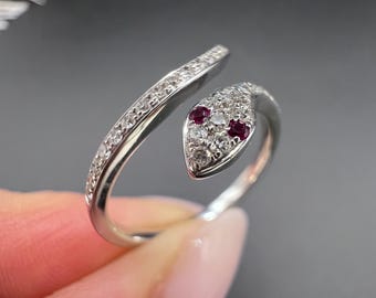 Vintage 14ct White Gold, 1980s Diamond & Ruby Snake Ring