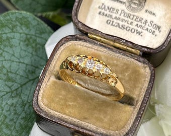 Antique 18ct Yellow Gold Edwardian Diamond 5 Stone Carved Half Hoop Ring, Birmingham 1903
