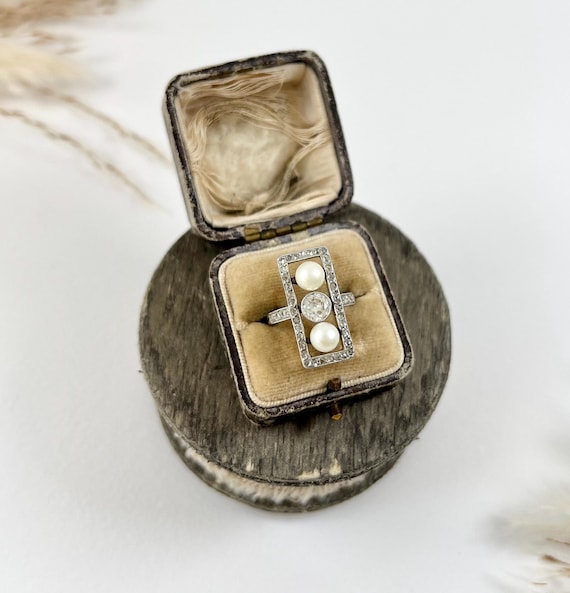 Antique 18ct Gold, Edwardian Diamond Pearl Rectangular