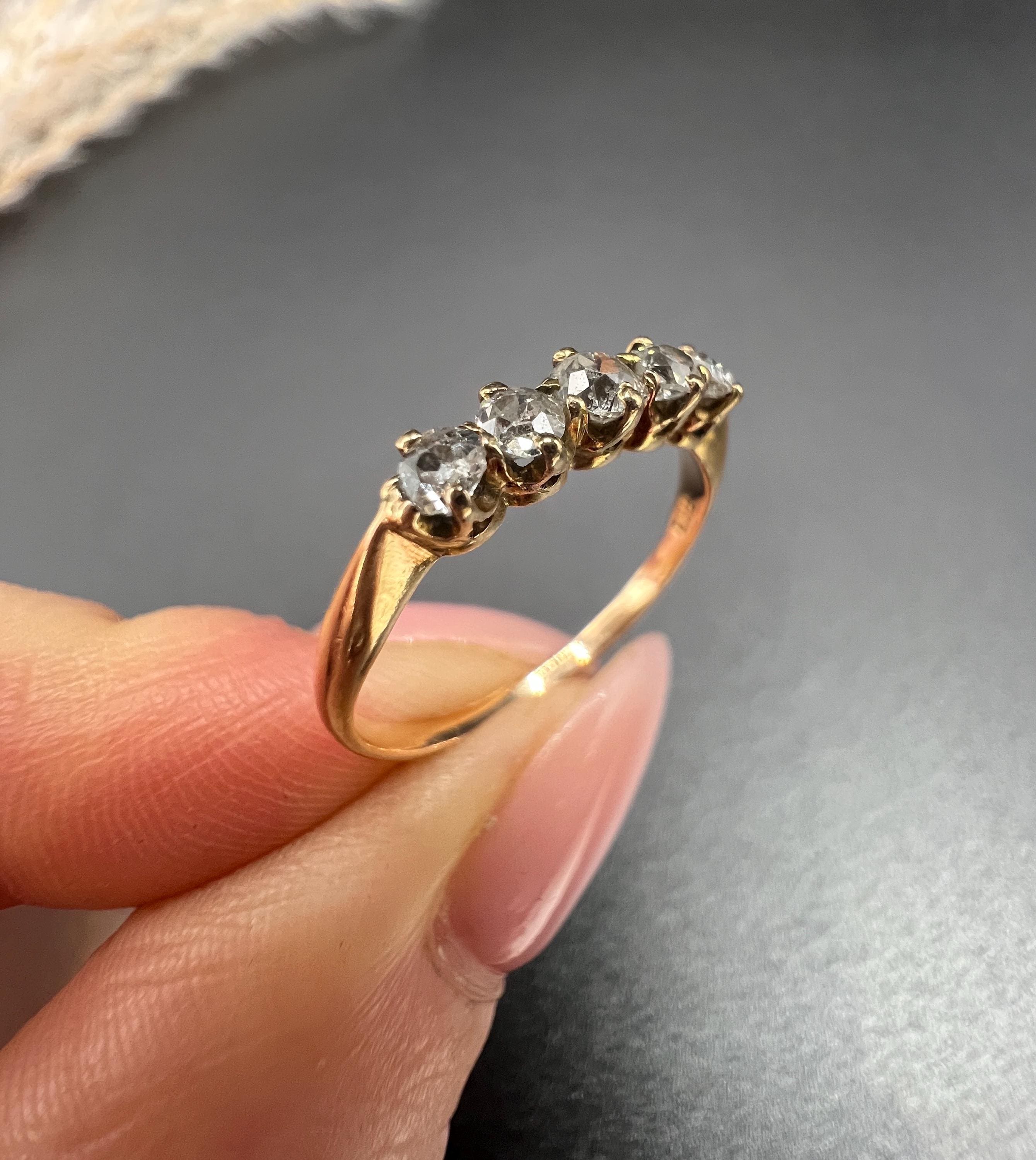 【source object】Antique Diamond Ring 14.5 Vintage 14ct Yellow Gold Diamond Five Stone Ring, Anniversary