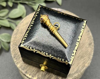 Antique 18ct Gold Pocket Watch Key Pendant: Victorian Ruby Set Engraved Fob
