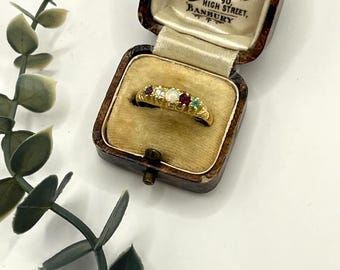 Antique 18ct Gold Stamped, Victorian ADORE Amethyst, Diamond, Opal, Ruby & Emerald Acrostic Ring