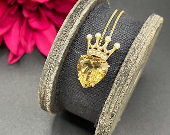 Vintage 9ct Gold, Victorian Style Citrine & Pearl Heart Crown Pendant