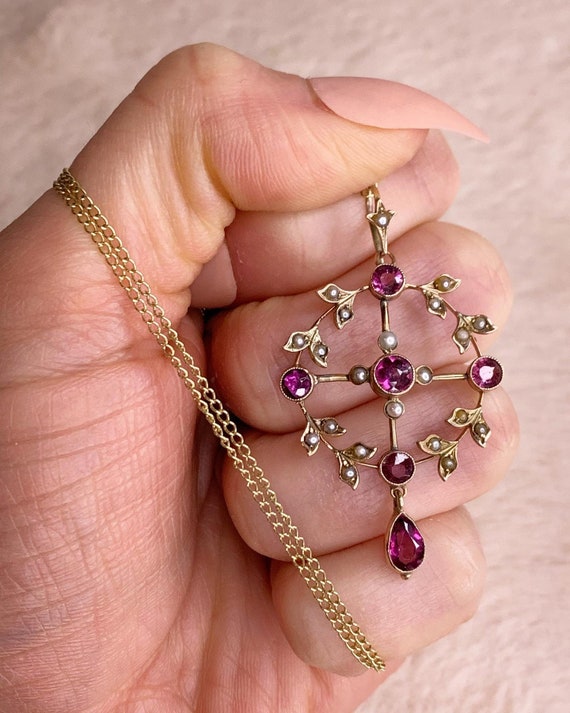 Edwardian Garnet & Seed Pearl Pendant Necklace