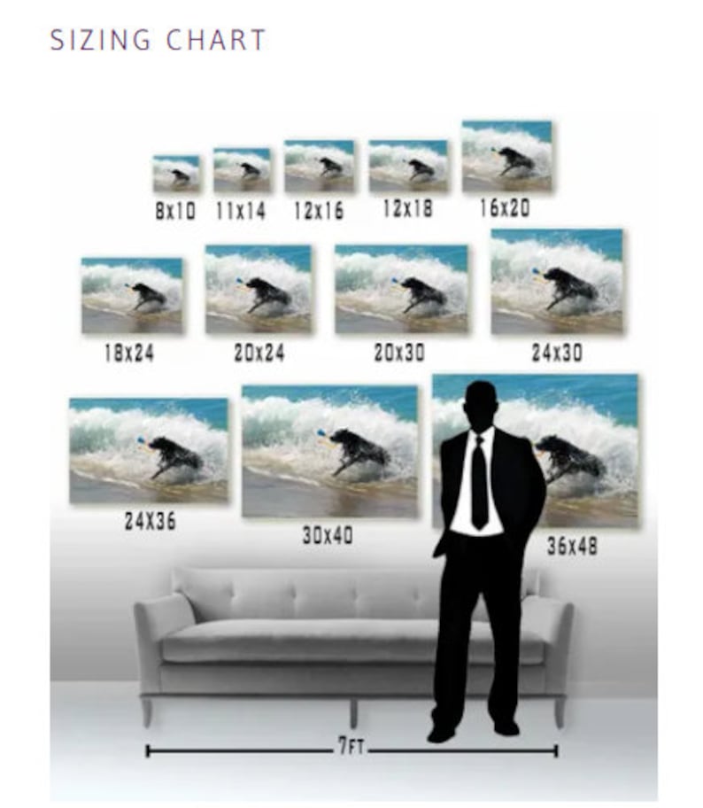 May include: Sizing chart for canvas prints featuring a black dog running through waves with a blue ball in its mouth. The chart shows different sizes from 8x10 inches to 36x48 inches.