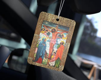 Car Air Freshener - Jesus Crucifix Ethiopian Orthodox Icon, Scented Christian Prayer Icon, Religious Car Decoration, Car Prayer Icon