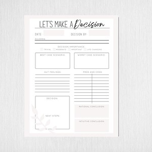 May include: A printable decision-making worksheet with sections for date, dilemma, decision importance, best case scenario, worst case scenario, gut feelings, pros and cons, decision, rational conclusion, next steps, and intuitive conclusion.