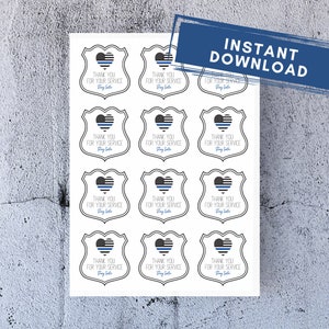 Politie badge dank u tag, dunne blauwe lijn hart vlag afdrukbaar, traktatie tas, politieagent afdrukbaar, politie waardering, dank u tags