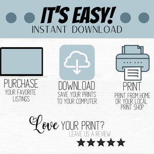 May include: A graphic illustration showing the steps to purchase, download, and print digital artwork. The steps are illustrated with icons of a computer, a cloud with a download arrow, and a printer. The text reads "It's Easy! Instant Download. Purchase your favorite listings. Download save your prints to your computer. Print print from home or your local print shop. Love your print? Leave us a review."