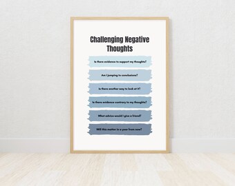 May include: A printable poster with a blue gradient background and the text "Challenging Negative Thoughts" in black. The poster features a list of questions to help challenge negative thoughts, including "Is there evidence to support my thoughts?" and "Will this matter in a year from now?"