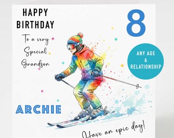 Skier Birthday Card for Boy | Personalised Birthday Card | Any Age skiing Card | Custom Name | Winter Sports Card, Son, Grandson