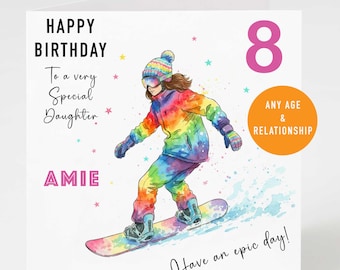 Snowboarder Birthday Card for Girl | Personalised Birthday Card | Any Age Snowboarding Card | Winter Sports Card, Daughter, Granddaughter