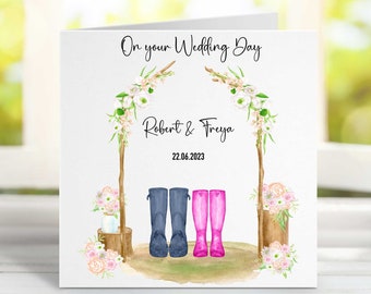Personalised Wedding Card, Welly Boots Wedding Day Card, Bride and