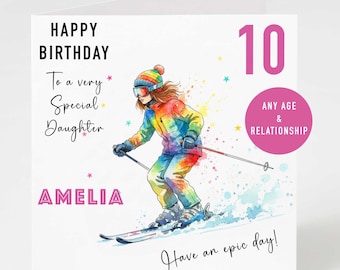 Skier Birthday Card for Girl | Personalised Birthday Card | Any Age Ski Card | Winter Sports Card, Daughter, Granddaughter