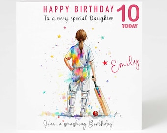 Personalised Cricket Birthday Card | Watercolour Girl, Any Age, Daughter Niece Granddaughter