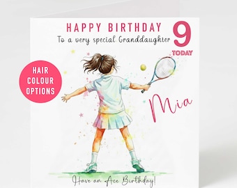 Tennis Birthday Card Girl Personalised | Niece Daughter Card | Any Age Tennis Card | Custom Name & Hair Colour | Tennis Girl Birthday Card